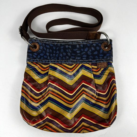 Fossil Key-Per Crossbody Bag Coated Canvas Aztec Chevron Print Blue Denim Trim‎ - Picture 6 of 16